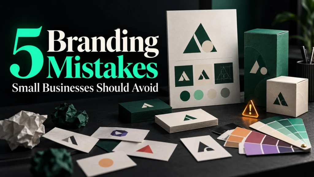 5 branding mistakes small businesses should avoid – blog graphic for Digital marketing Freelancer in Ernakulam, featuring logos, packaging and colour palettes.