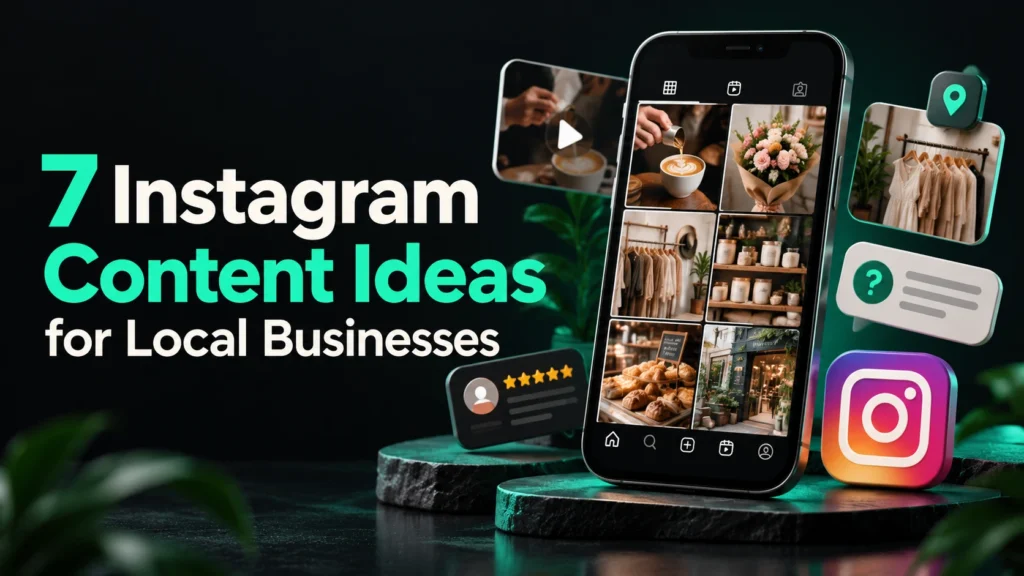 7 Instagram content ideas for local businesses, with sample posts on a smartphone – Digital marketing Freelancer in Ernakulam.