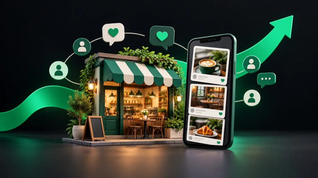 Café with social media posts, customer icons and an upward growth arrow – Digital marketing Freelancer in Ernakulam.