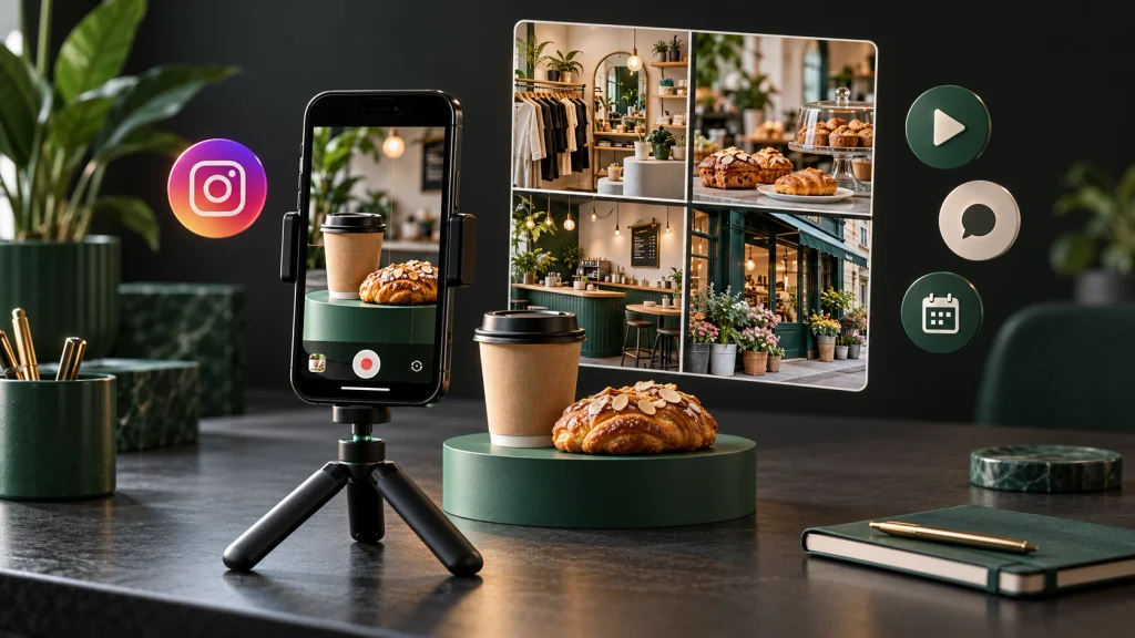 Instagram content creation setup with a smartphone filming café products – Digital marketing Freelancer in Ernakulam.