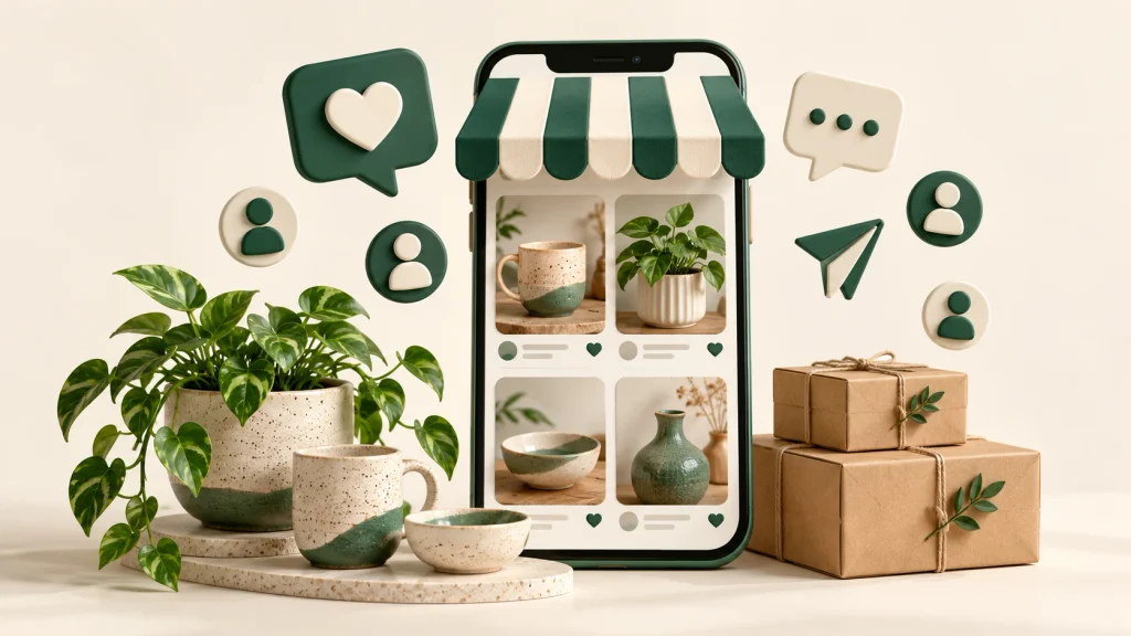 Smartphone storefront displaying ceramics and plants with social media icons – Digital marketing Freelancer in Ernakulam.